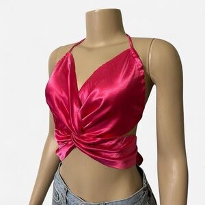 Princess Polly Fuchsia Satin Halter Crop Top